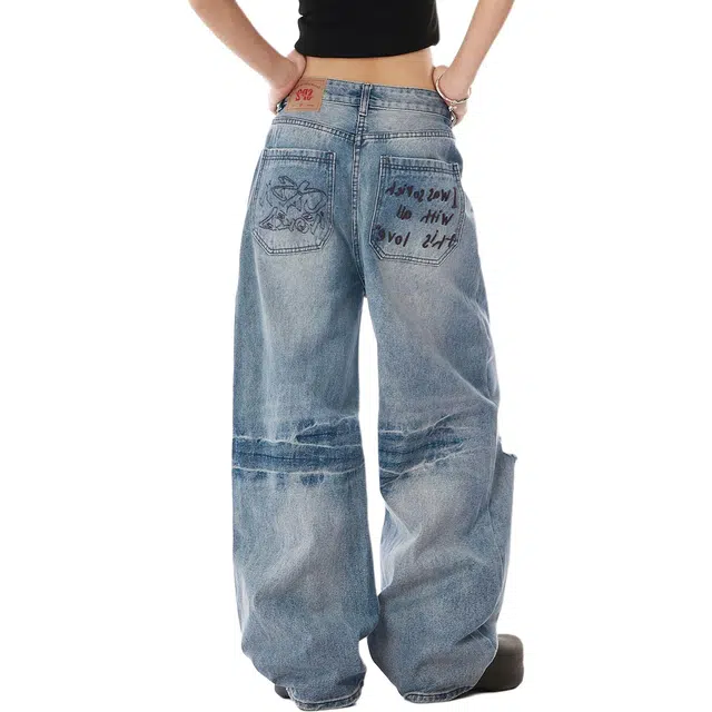 地界二 美式复古水洗做旧刺绣破洞男高街潮牌宽松休闲阔腿拖地裤水洗复古刺绣宽松潮流中腰长裤牛仔裤 男款