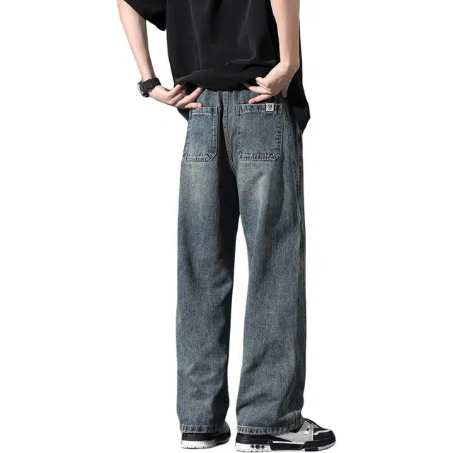 协协乐 美式复古春秋季高街潮牌水洗怀旧宽松直筒设计感阔腿休闲百搭运动长裤牛仔裤 男款