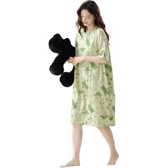 帕兰朵 印花满印凉感圆领休闲短袖睡裙 女款 豆绿