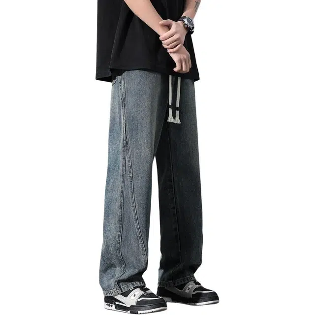 协协乐 美式复古春秋季高街潮牌水洗怀旧宽松直筒设计感阔腿休闲百搭运动长裤牛仔裤 男款