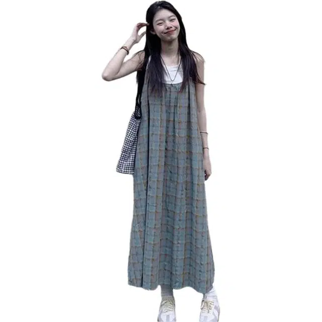 一碗士多 法式复古格子女夏季海边度假显瘦长裙两件套装吊带连衣裙 女款