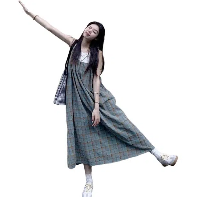 一碗士多 法式复古格子女夏季海边度假显瘦长裙两件套装吊带连衣裙 女款