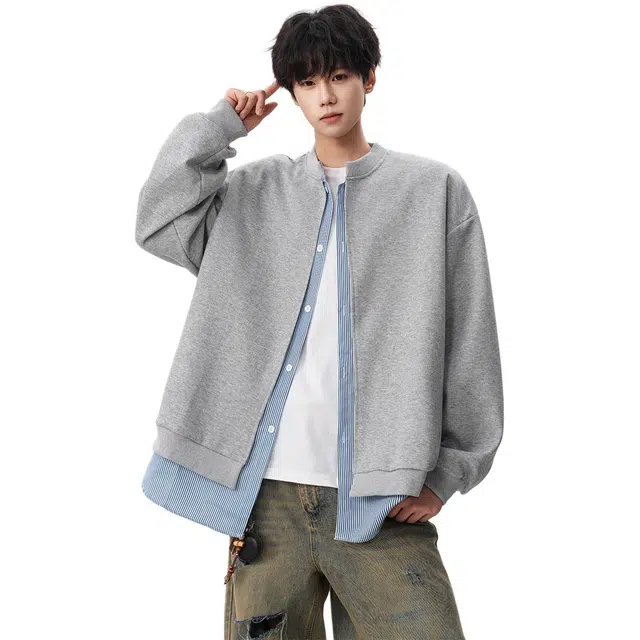北极绒 灰色假两件条纹外套男潮牌秋季宽松休闲情侣百搭开衫灰色假两件条纹纯色常规潮开衫卫衣 男女同款