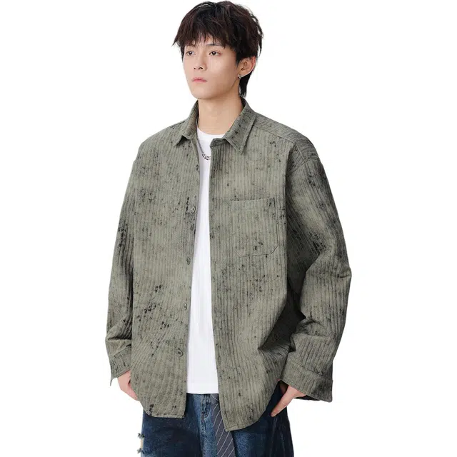 米素力 条纹肌理感百搭纯色落肩袖长袖潮衬衫 男女同款