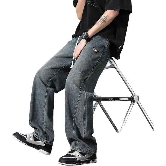 协协乐 美式复古春秋季高街潮牌水洗怀旧宽松直筒设计感阔腿休闲百搭运动长裤牛仔裤 男款