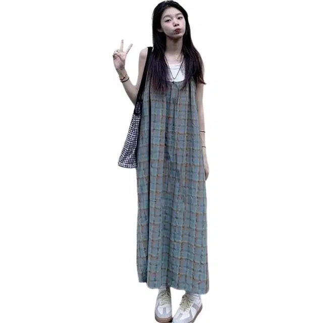 一碗士多 法式复古格子女夏季海边度假显瘦长裙两件套装吊带连衣裙 女款