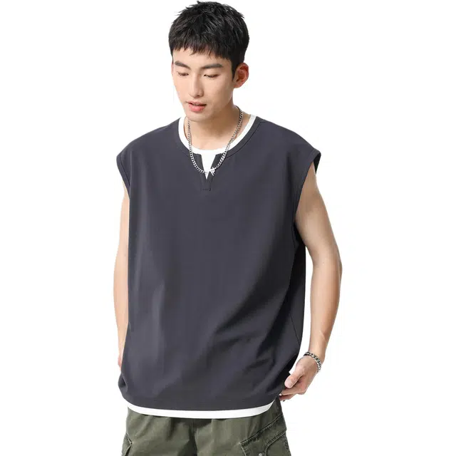 米素力 透气运动外穿纯色圆领背心 男款