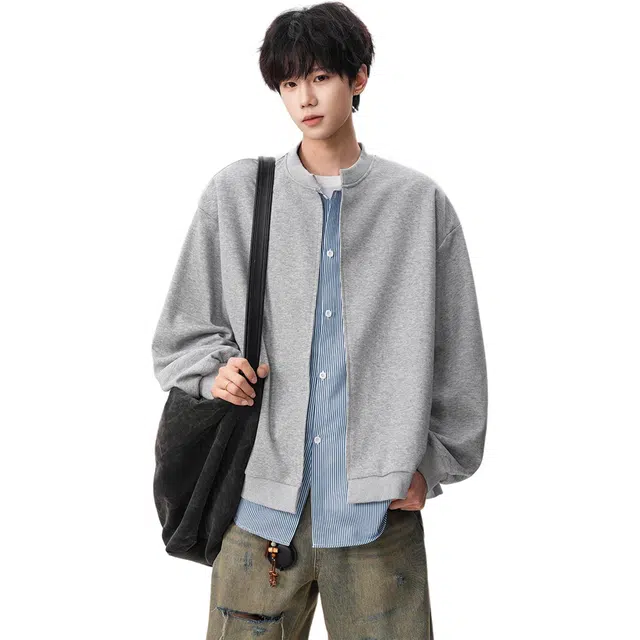 北极绒 灰色假两件条纹外套男潮牌秋季宽松休闲情侣百搭开衫灰色假两件条纹纯色常规潮开衫卫衣 男女同款