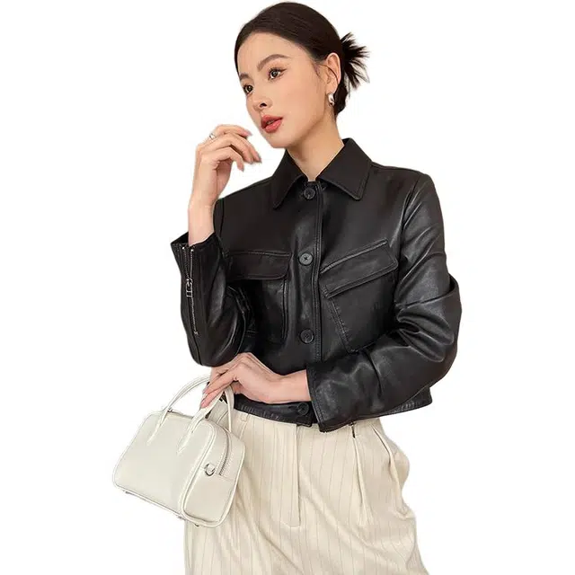 比利斯山羊 翻领不规则口袋休闲真皮皮衣 女款