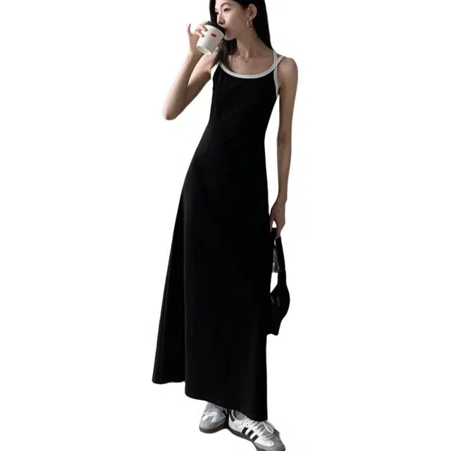 一碗士多 气质女夏季辣妹法式收腰显瘦洋气长款裙子吊带连衣裙 女款