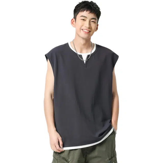 米素力 透气运动外穿纯色圆领背心 男款