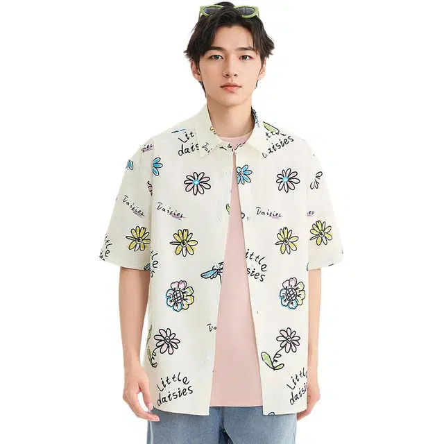 三福 短袖夏季男士满版花图案衬衫 男款