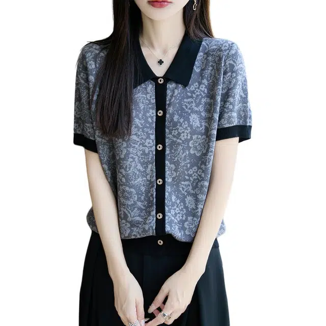 恒源祥 休闲简约百搭翻领撞色复古印花质感短袖针织衫 女款