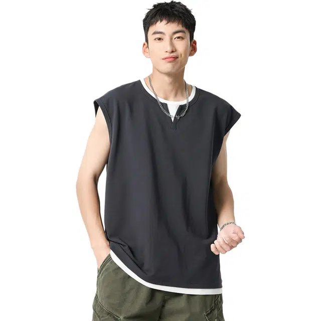 米素力 透气运动外穿纯色圆领背心 男款