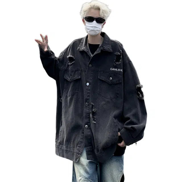 北极绒 炸街破洞夹克男春秋季美式复古宽松上衣潮牌做旧痞帅工装炸街破洞春秋季收口袖长袖翻领宽松型牛仔外套 男款
