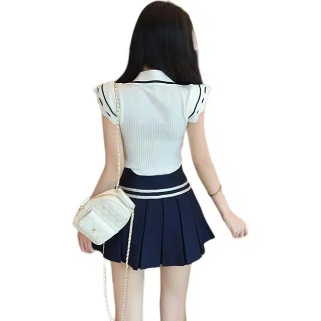 囍鱼少女 学院风女夏季条纹系带设计感上衣蝴蝶结百褶半身裙两件套套装 女款