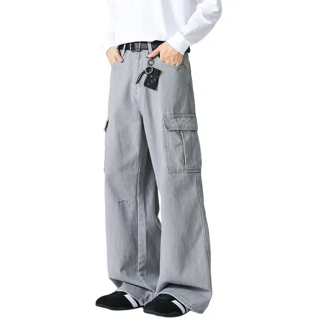 米素力 直筒宽松阔腿纯色工装中腰牛仔裤 男款