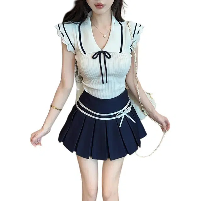 囍鱼少女 学院风女夏季条纹系带设计感上衣蝴蝶结百褶半身裙两件套套装 女款
