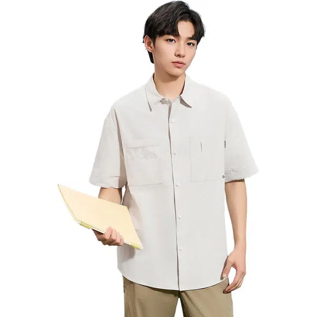 三福 拼接网布工装短袖翻领衬衫 男款