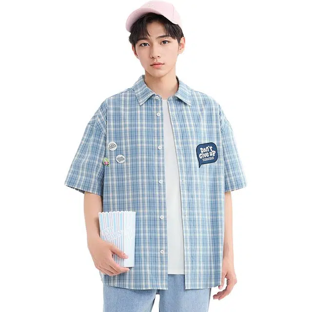 三福 清爽格纹刺绣翻领短袖衬衫 男款