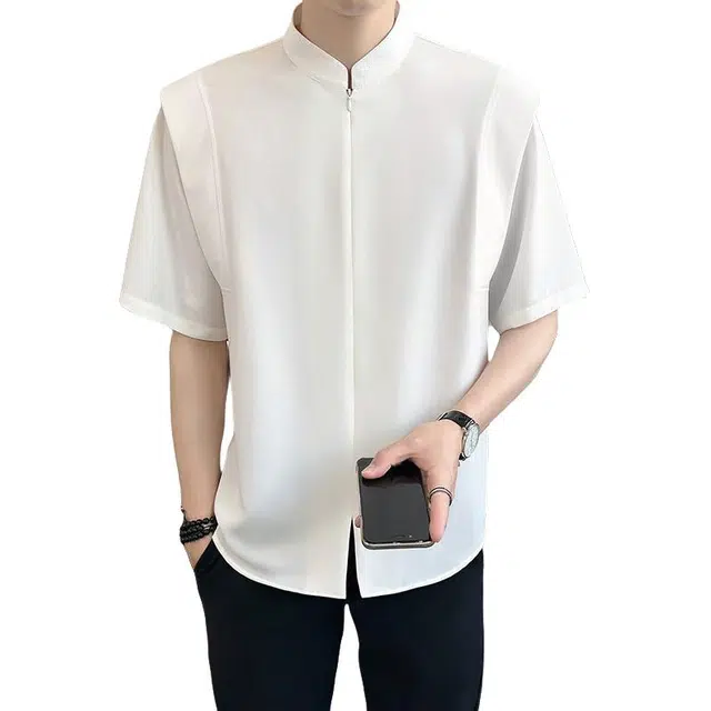 加荣 立领假两件新中式衬衫男夏季轻薄透气潮牌青少年户外出行百搭时尚流行小众设计感休闲痞帅半袖上衣 男女同款