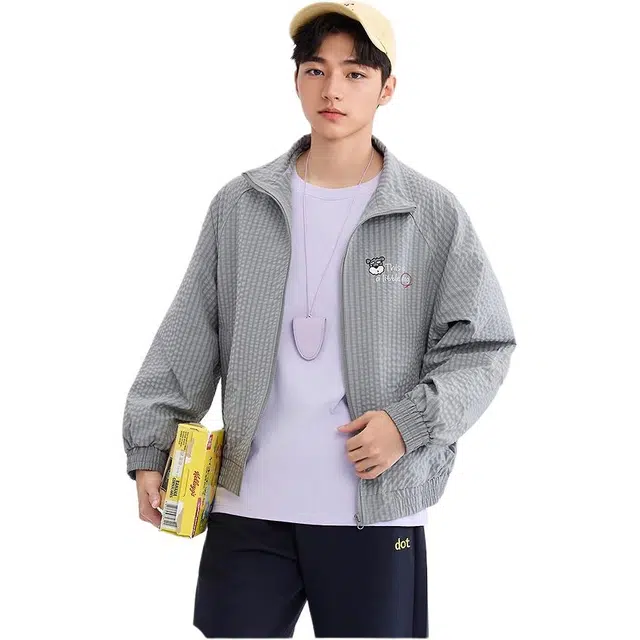 三福 工装小狗英文刺绣休闲常规长袖立领宽松夹克外套 男款