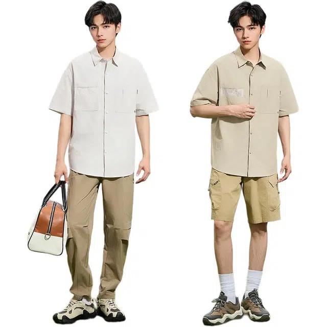 三福 拼接网布工装短袖翻领衬衫 男款