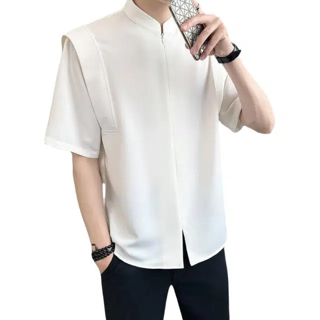 加荣 立领假两件新中式衬衫男夏季轻薄透气潮牌青少年户外出行百搭时尚流行小众设计感休闲痞帅半袖上衣 男女同款