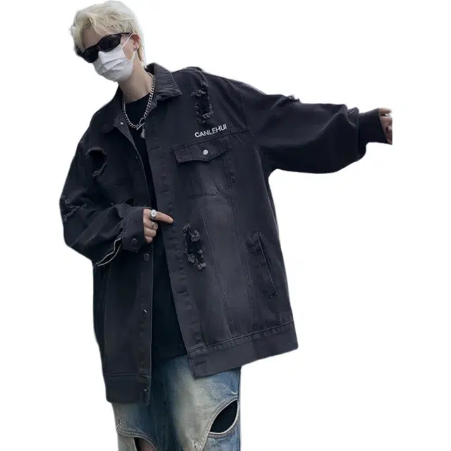 北极绒 炸街破洞夹克男春秋季美式复古宽松上衣潮牌做旧痞帅工装炸街破洞春秋季收口袖长袖翻领宽松型牛仔外套 男款