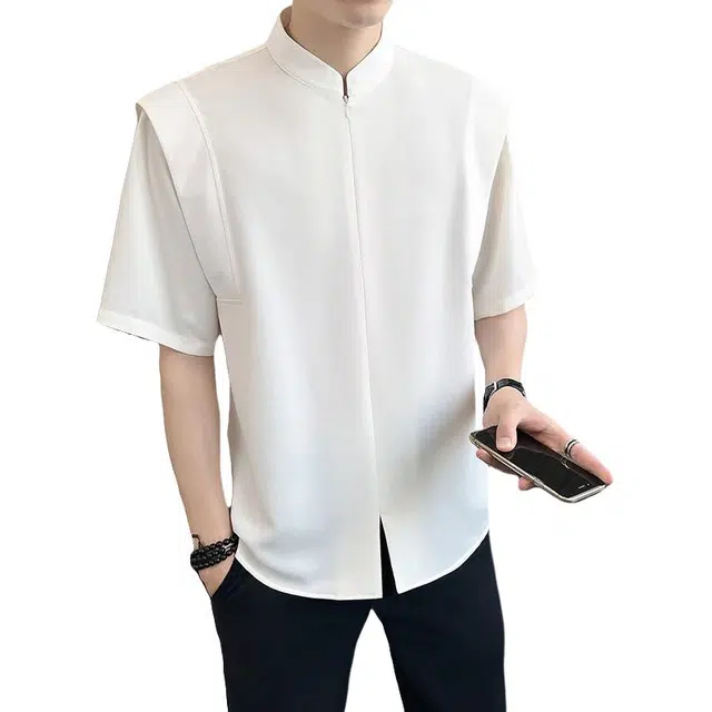 加荣 立领假两件新中式衬衫男夏季轻薄透气潮牌青少年户外出行百搭时尚流行小众设计感休闲痞帅半袖上衣 男女同款