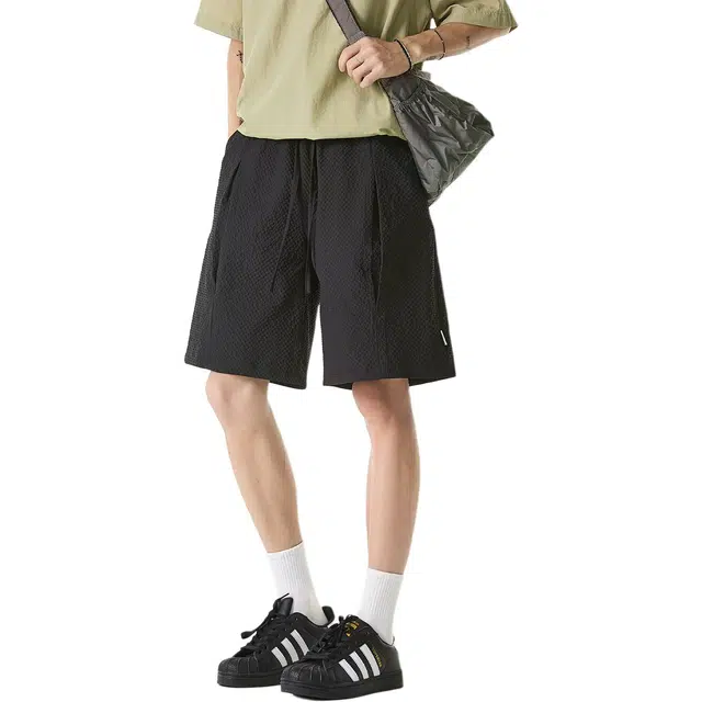 杜克恩 凉感泡泡纱五分裤子夏季薄款纯色直筒沙滩裤裤松紧腰抽绳运动休闲短裤 男女同款