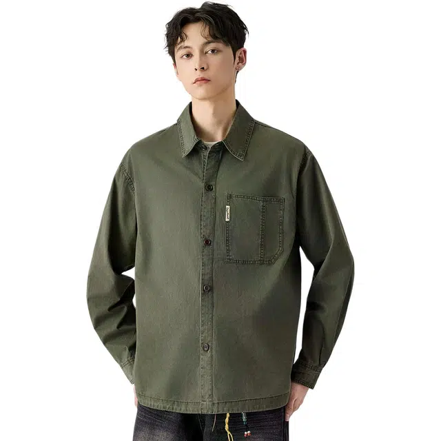 米素力 设计感翻领长袖纯色常规复古风衬衫 男款