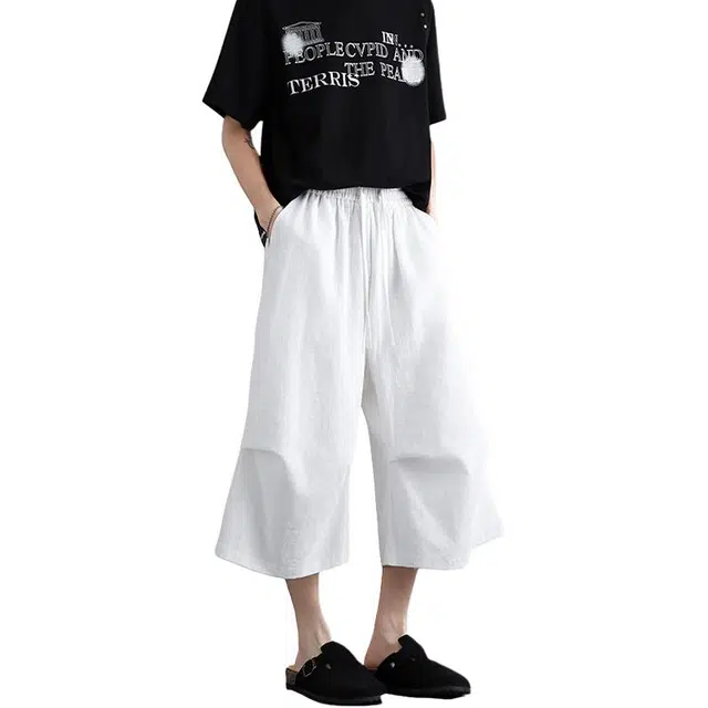 加荣 日系慵懒风阔腿七分裤男夏季轻薄透气潮牌青少年户外出行通勤百搭宽松休闲裤褶皱小众设计抽绳松紧腰垂感短裤 男女同款