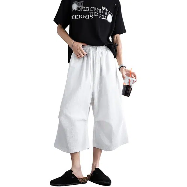 加荣 日系慵懒风阔腿七分裤男夏季轻薄透气潮牌青少年户外出行通勤百搭宽松休闲裤褶皱小众设计抽绳松紧腰垂感短裤 男女同款