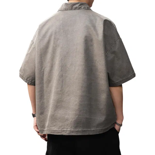 贵色 夏季 日系中性穿搭潮流复古水洗做旧短袖男士时尚纯色简约立体裁剪单排扣设计潮牌翻领休闲半袖衬衣外套衬衫 宽松 男款