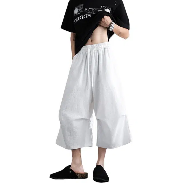 加荣 日系慵懒风阔腿七分裤男夏季轻薄透气潮牌青少年户外出行通勤百搭宽松休闲裤褶皱小众设计抽绳松紧腰垂感短裤 男女同款