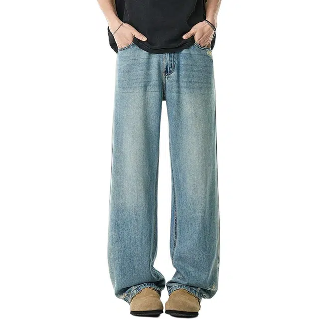 米素力 天丝夏季薄款宽松高腰长裤牛仔裤 男款
