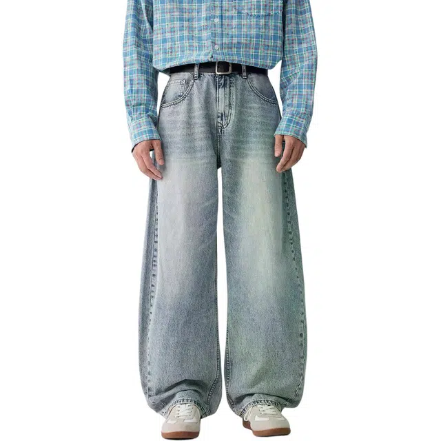 米素力 水洗做旧男士直筒纯色宽松休闲中腰牛仔裤 男女同款