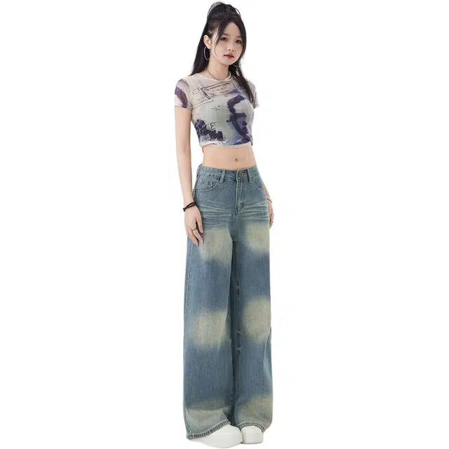 艾格 美式水洗做旧高街辣妹个性小众阔腿裤复古高腰显瘦宽松拖地牛仔裤 女款