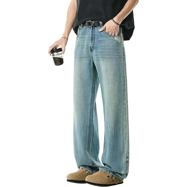 米素力 天丝夏季薄款宽松高腰长裤牛仔裤 男款