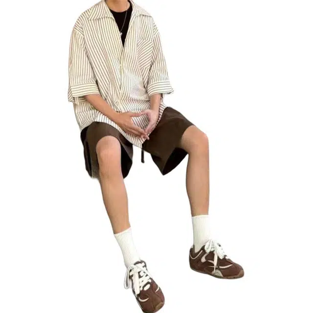 拓菲 设计感条纹斜门襟夏日韩系氛围感穿搭宽松半袖衬衣短袖衬衫 男女同款