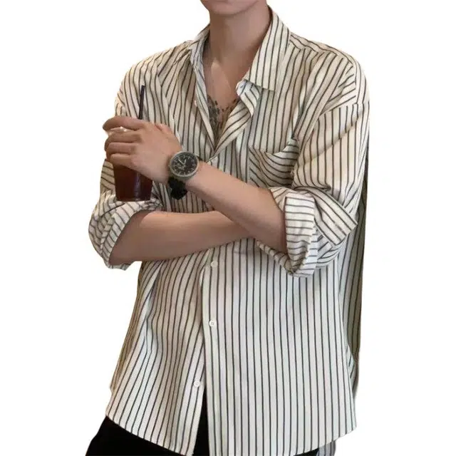 拓菲 设计感条纹斜门襟夏日韩系氛围感穿搭宽松半袖衬衣短袖衬衫 男女同款