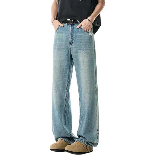 米素力 天丝夏季薄款宽松高腰长裤牛仔裤 男款