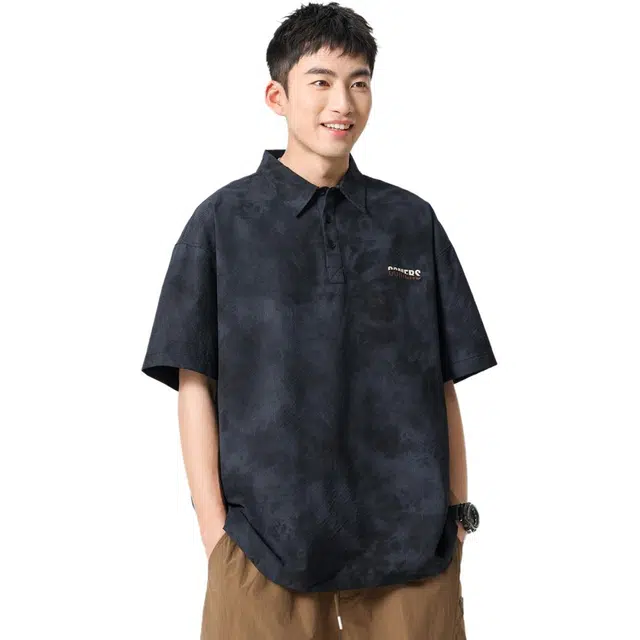 米素力 冰丝高级感半袖字母落肩袖短袖翻领标准衬衫 男款