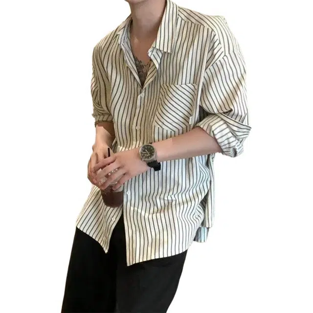 拓菲 设计感条纹斜门襟夏日韩系氛围感穿搭宽松半袖衬衣短袖衬衫 男女同款