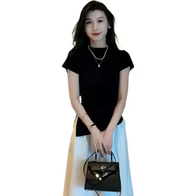 沐晓欣 时尚女抽绳修身短袖打底衫+高腰半身裙显瘦两件套女夏季裙装套装 女款