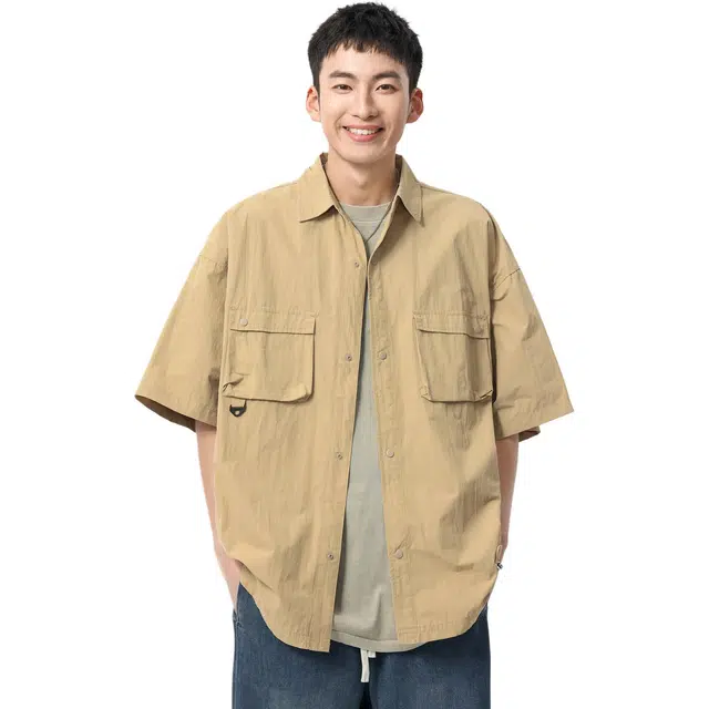 米素力 速干冰丝外搭纯色落肩袖短袖翻领宽松型衬衫 男款