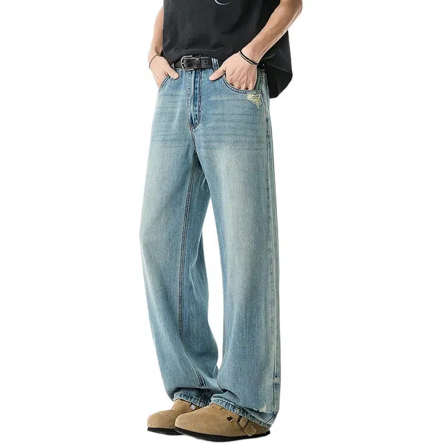 米素力 天丝夏季薄款宽松高腰长裤牛仔裤 男款