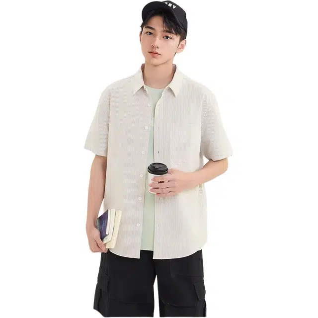 三福 条纹纯色时尚休闲翻领短袖衬衫 男款