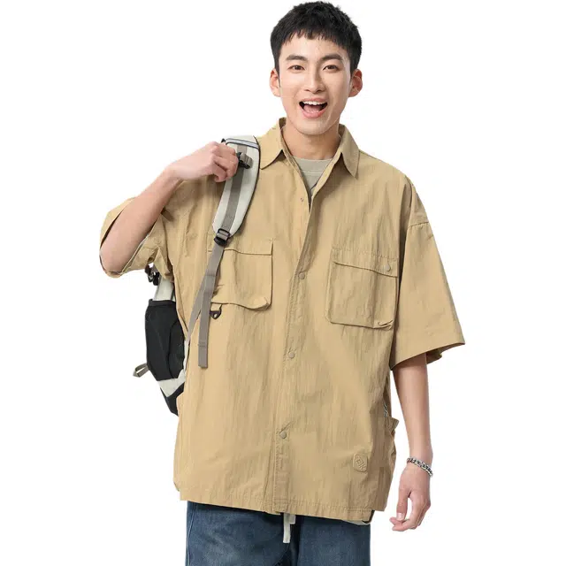 米素力 速干冰丝外搭纯色落肩袖短袖翻领宽松型衬衫 男款